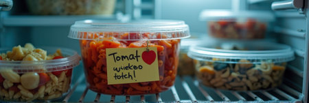 Homemade Italian pasta salad in labeled container inside refrigerator. That the image is generated using AI.の素材