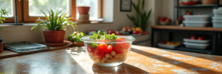 Fresh chickpea and cherry tomato salad in sunlit kitchen with greenery. That the image is generated using AI.の素材