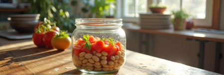 Fresh tomatoes and beans in sunlit kitchen jar. That the image is generated using AI.の素材