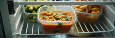 Homemade tomato soup with fresh herbs in refrigerator. That the image is generated using AI.の素材