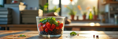 Sunlit kitchen scene with fresh salad bowl featuring black beans and red bell peppers. That the image is generated using AI.の素材