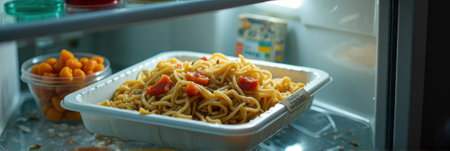 Cold leftover noodles and peaches in refrigerator container. That the image is generated using AI.の素材