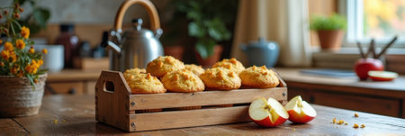 Freshly baked apple muffins on wooden tray in cozy kitchen setting. That the image is generated using AI.の素材