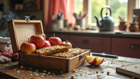 Rustic kitchen scene with fresh apples and homemade pastries on wooden table. That the image is generated using AI.の素材