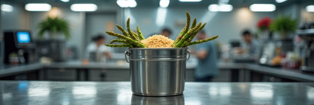 Stainless steel pot with asparagus and grains in modern kitchen setting. That the image is generated using AI.の素材