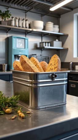 Freshly baked bread in metal box in modern kitchen setting. That the image is generated using AI.の素材