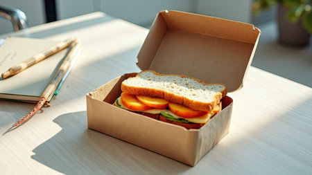 Fresh veggie sandwich in eco-friendly box on sunlit table. That the image is generated using AI.の素材