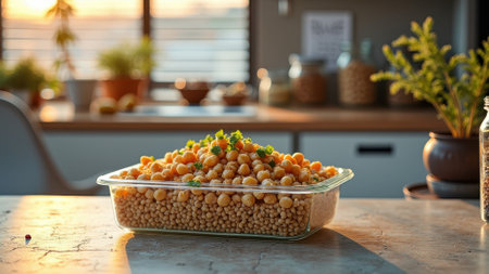 Vegetarian couscous and chickpea salad in sunlit kitchen setting. That the image is generated using AI.の素材