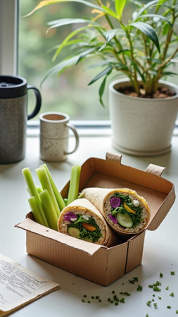 Healthy vegan wrap with fresh vegetables and celery sticks in box on kitchen counter. That the image is generated using AI.の素材