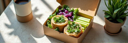 Vegetarian lunchbox with hummus wraps, grapes, and celery sticks on sunlit table. That the image is generated using AI.の素材