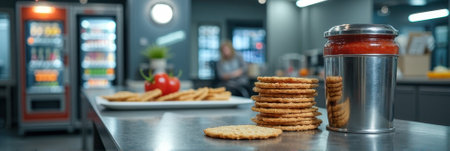 Stacked crackers and salsa jar on stainless steel kitchen counter. That the image is generated using AI.の素材