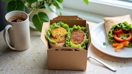 Vegan burger wraps with lettuce and veggies on kitchen counter near coffee mug. That the image is generated using AI.の素材