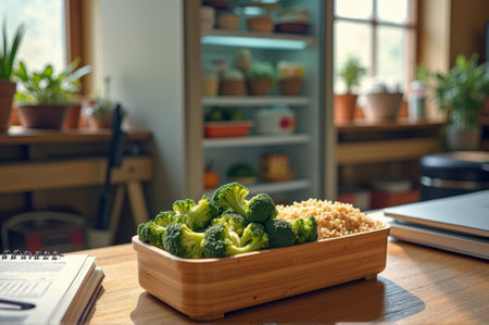 Healthy meal prep with broccoli and grains in a cozy kitchen setting. That the image is generated using AI.の素材