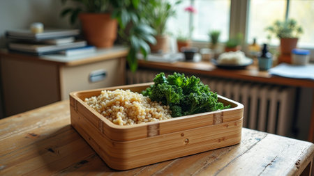 Wooden box with cooked couscous and fresh kale on table near window with plants. That the image is generated using AI.の素材