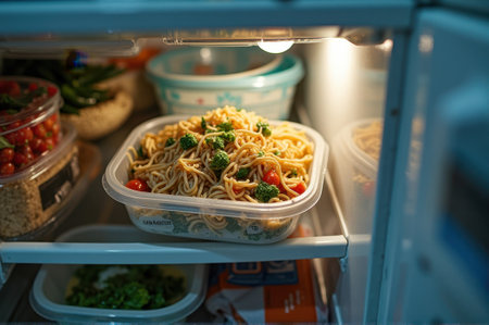 Cold noodle salad with cherry tomatoes and broccoli in a refrigerator. That the image is generated using AI.の素材