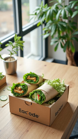 Fresh vegan wraps with vegetables and greens in eco-friendly packaging. That the image is generated using AI.の素材