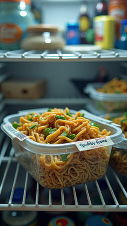 Cold Asian noodle tray in refrigerator with green onions. That the image is generated using AI.の素材