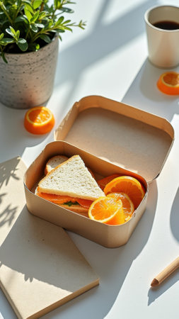Healthy lunchbox with sandwich and fresh sliced oranges on a sunny table. That the image is generated using AI.の素材