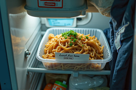 Spaghetti in refrigerator with parsley garnish and labeled container. That the image is generated using AI.の素材