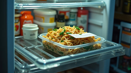 Container of spaghetti with herbs in refrigerator with bottles and jars. That the image is generated using AI.の素材