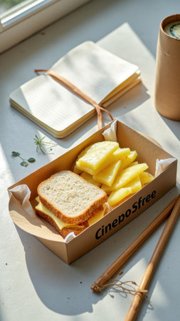 Cheese sandwich and pineapple slices in sunlit setting with notepad and coffee. That the image is generated using AI.の素材
