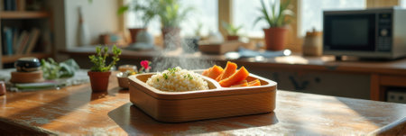Steaming rice and pumpkin in sunlit kitchen with plants and wooden decor. That the image is generated using AI.の素材