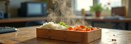 Steaming rice and vegetables in wooden bento box on wooden table in sunlit kitchen. That the image is generated using AI.の素材