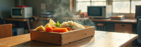 Steaming lunchbox with rice and vegetables on wooden table in sunlit kitchen. That the image is generated using AI.の素材