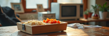 Steaming rice and cut papaya on wooden tray in cozy kitchen setting. That the image is generated using AI.の素材