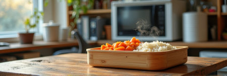 Steaming carrots and rice in wooden bowl on rustic kitchen table. That the image is generated using AI.の素材