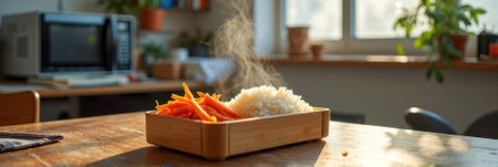 Steaming rice and carrots in bamboo box on sunlit kitchen table. That the image is generated using AI.の素材