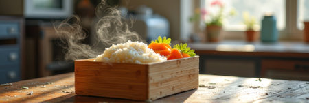 Steaming rice and vegetables in bamboo box on sunlit kitchen table. That the image is generated using AI.の素材