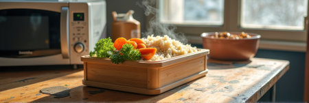 Steaming rice and vegetables in bamboo tray on sunlit kitchen table. That the image is generated using AI.の素材
