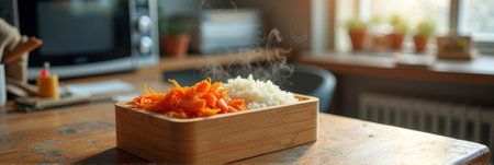 Steaming vegetables and rice in wooden bowl on rustic kitchen table. That the image is generated using AI.の素材