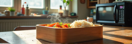 Steaming rice and vegetables in sunlit kitchen interior. That the image is generated using AI.の素材
