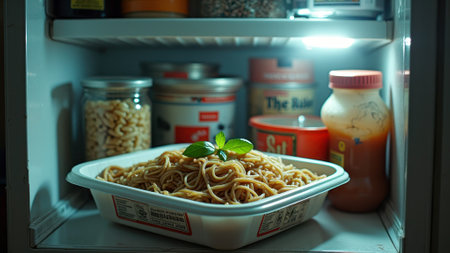 Plate of spaghetti with basil in refrigerator surrounded by food containers. That the image is generated using AI.の素材