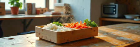 Steaming rice and carrots in wooden tray on sunlit rustic table. That the image is generated using AI.の素材