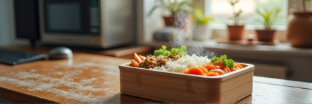 Delicious steaming lunchbox with rice, vegetables, and savory meat dish on kitchen counter. That the image is generated using AI.の素材