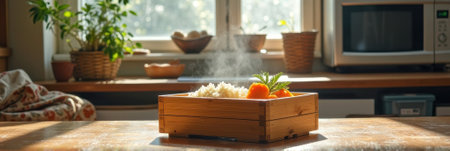 Steaming rice and fresh vegetables in wooden box on sunlit kitchen table. That the image is generated using AI.の素材