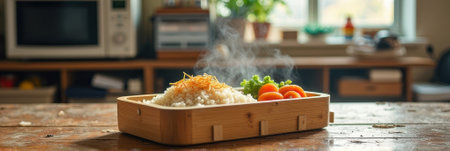 Steaming rice with vegetables in wooden bento box on rustic kitchen table. That the image is generated using AI.の素材