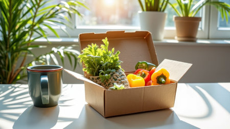 Fresh vegetables in sunlit kitchen with houseplants and coffee cup. That the image is generated using AI.の素材
