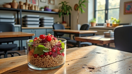 Fresh quinoa salad with berries in cozy workspace setting. That the image is generated using AI.の素材