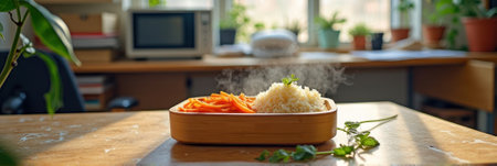 Steaming rice with carrot sticks on wooden table in sunlit kitchen. That the image is generated using AI.の素材