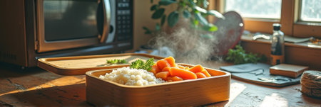 Steaming rice and carrots in wooden lunchbox on kitchen table with sunlight. That the image is generated using AI.の素材