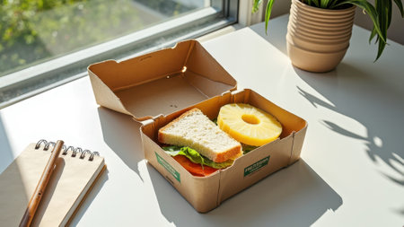 Eco-friendly lunch box with sandwich and pineapple slice on sunny window sill. That the image is generated using AI.の素材
