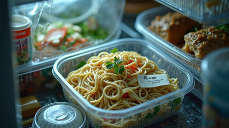Delicious takeout spaghetti meal in plastic container with fresh ingredients. That the image is generated using AI.の素材