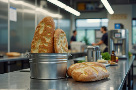 Freshly baked bread in a modern kitchen setting with people in background. That the image is generated using AI.の素材