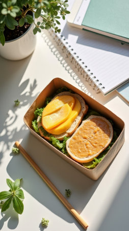 Healthy lunchbox with sandwich and fruit on desk. That the image is generated using AI.の素材
