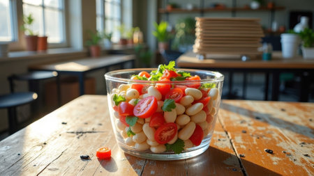 Fresh white bean salad with cherry tomatoes and cilantro on rustic table. That the image is generated using AI.の素材