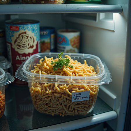 Plastic container with cooked spaghetti and parsley in the refrigerator. That the image is generated using AI.の素材